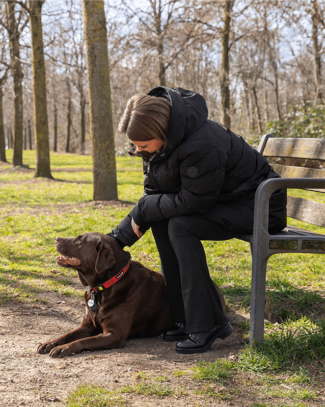 Baasje knuffelt hond tijdens het uitlaten nadat het goed is geregistreerd bij PetBase