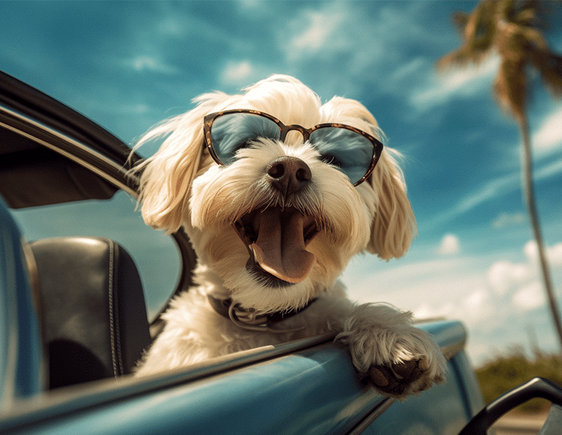Witte hond met zonnebril in de auto op weg naar vakantie met baasje