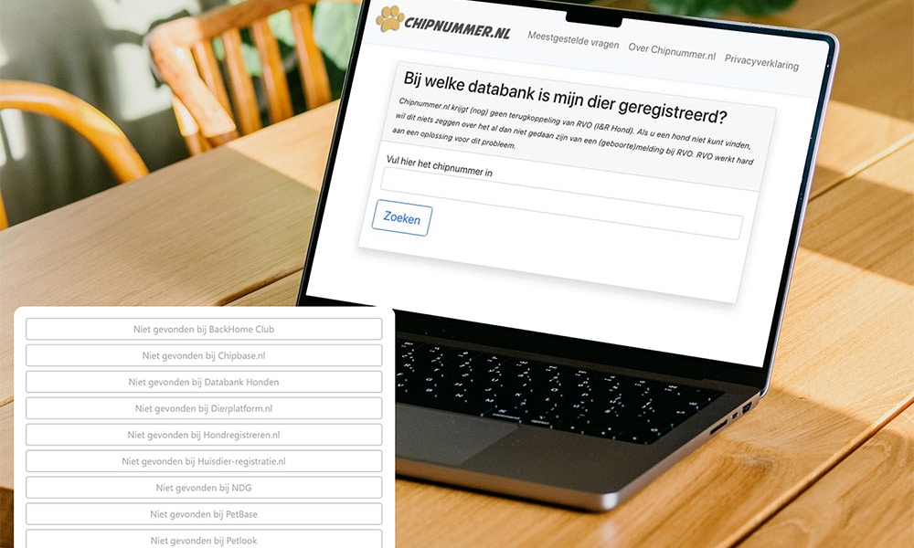 Chipnummer controleren via officiële online registratie op laptop scherm